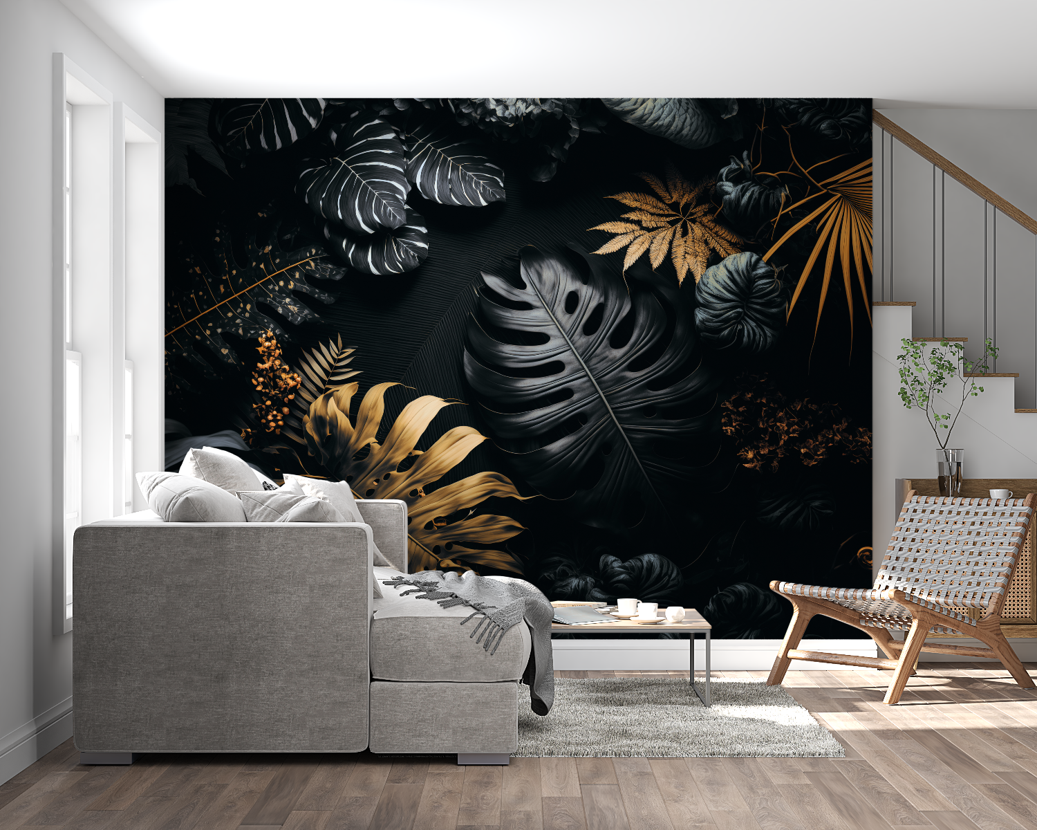 Monstera leaf mural in black and gold adding luxury feel to home office with natural light