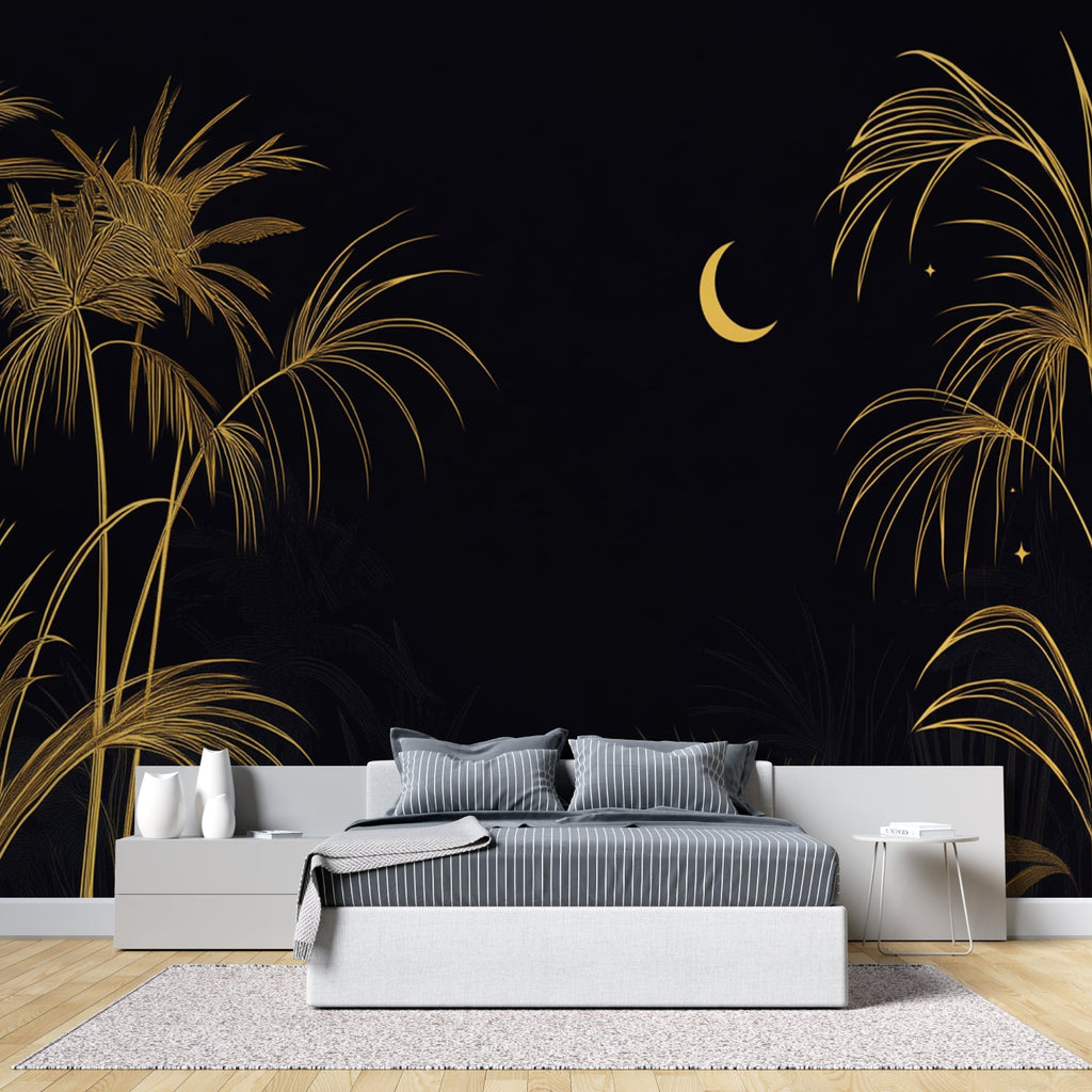 Gold palm leaf mural with moon design adding luxury to master bedroom