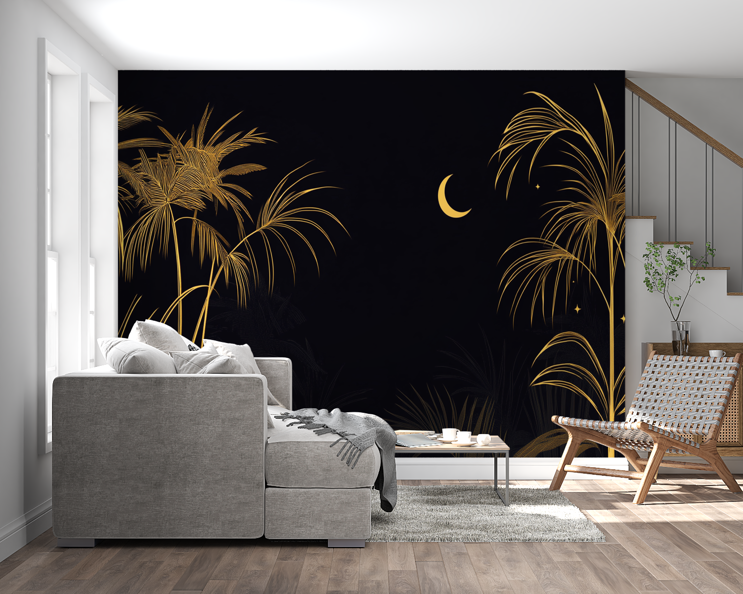 Night scene palm wallpaper bringing elegance to home office space
