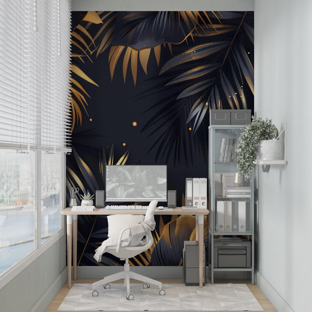 Home office space with black and gold tropical leaf wallpaper creating professional ambiance