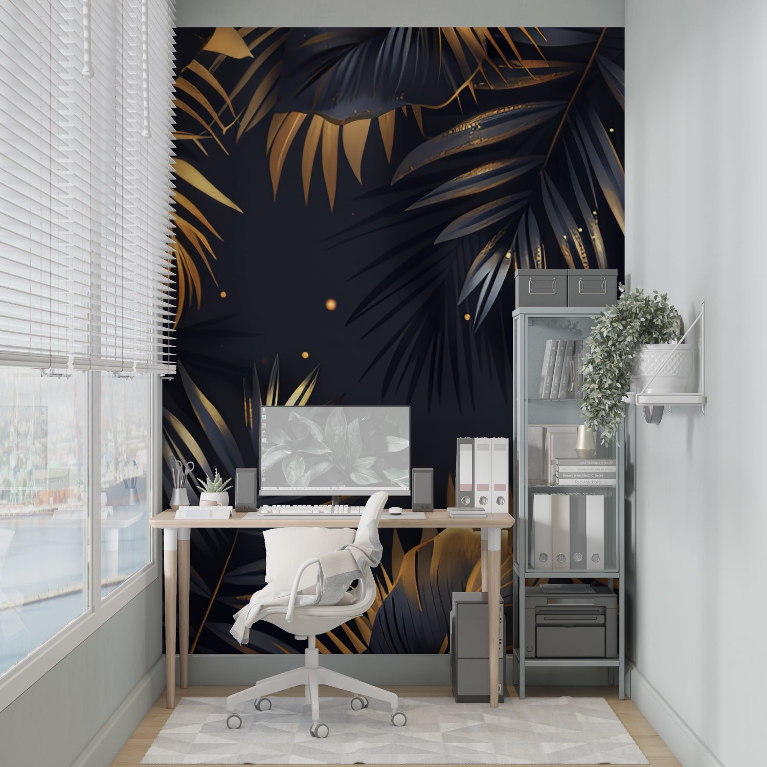 Home office space with black and gold tropical leaf wallpaper creating professional ambiance