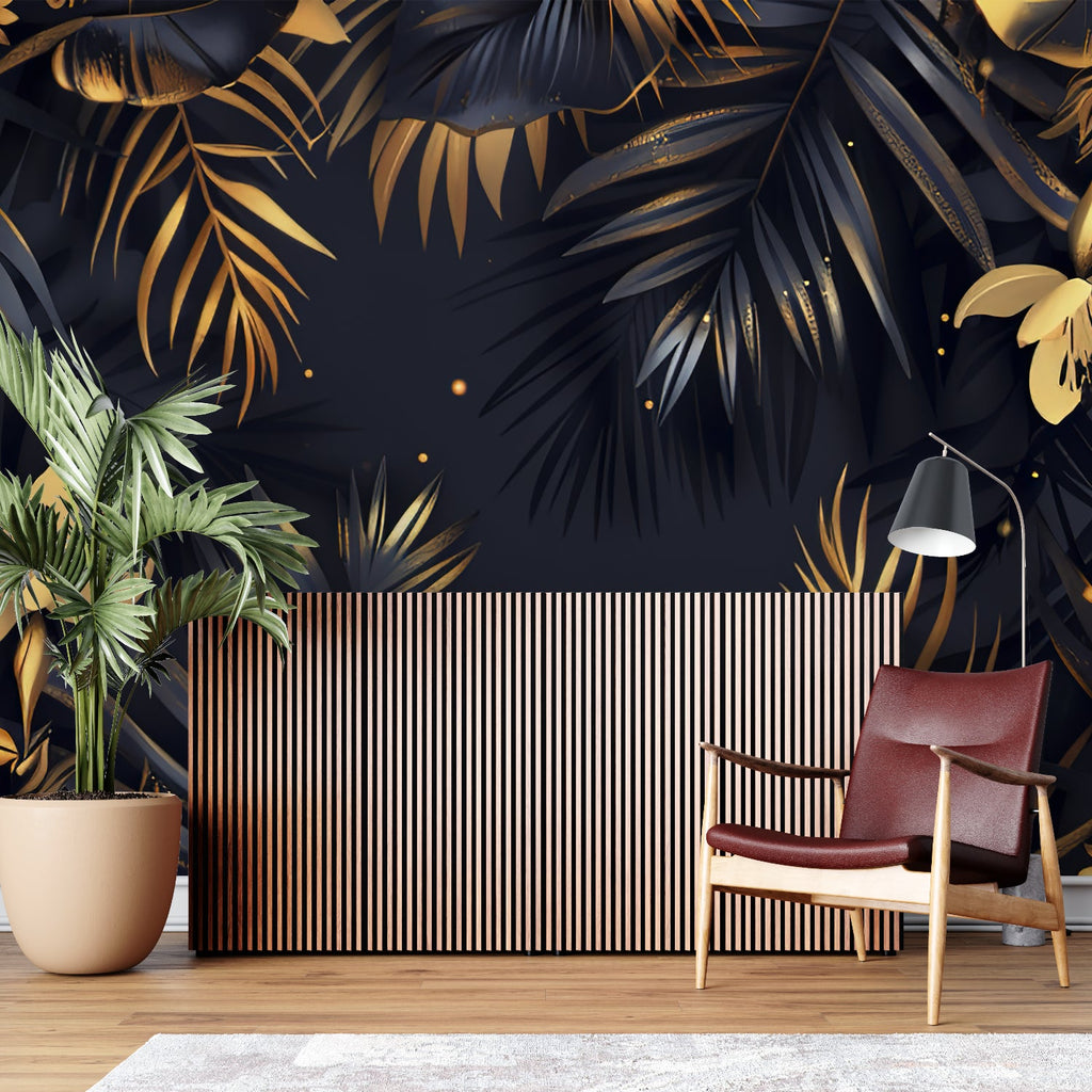 Luxury hotel lobby showcasing palm leaf mural wallpaper in black and gold finish