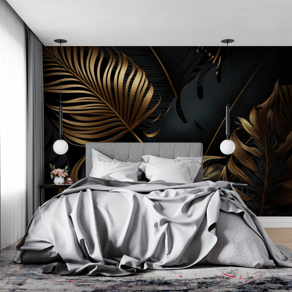 Tropical palm leaves wallpaper adding drama to home office space
