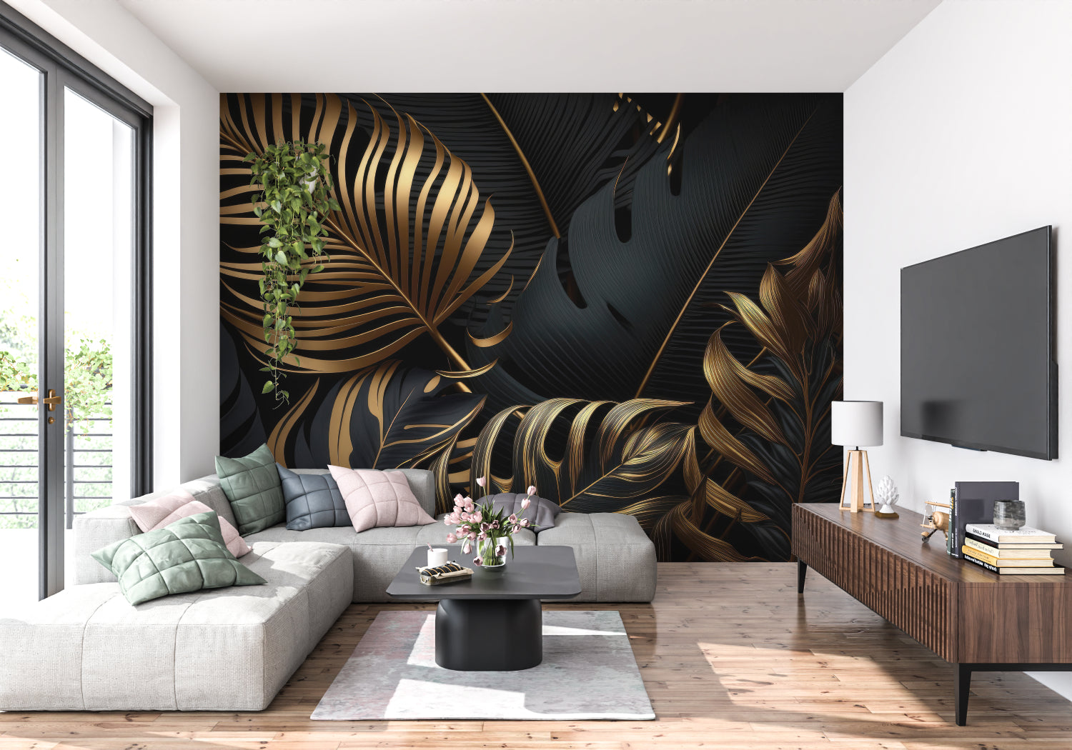 Elegant black and gold tropical wallpaper in powder room setting
