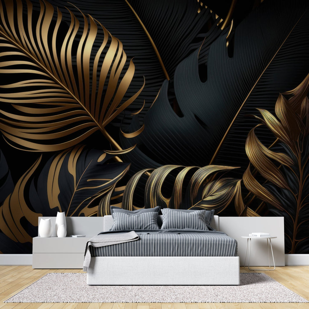 Home office space with sophisticated black and gold palm leaf wall design