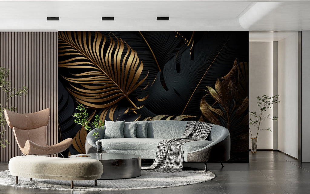 Boutique entrance featuring dramatic black and gold tropical leaf mural