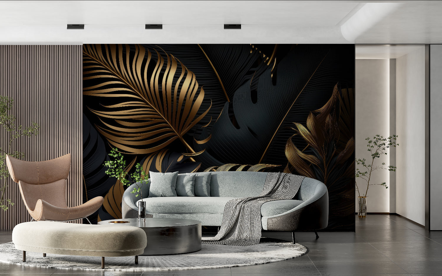 Boutique entrance featuring dramatic black and gold tropical leaf mural