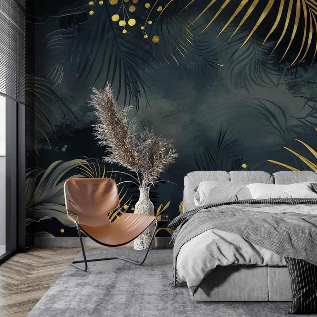 Tropical palm wallpaper making statement in dining room with gold accents