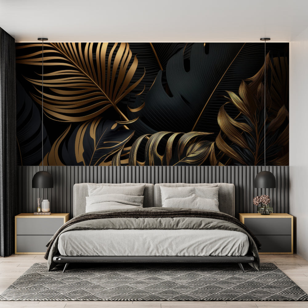 Tropical palm leaves wallpaper in modern living room showing black and gold design