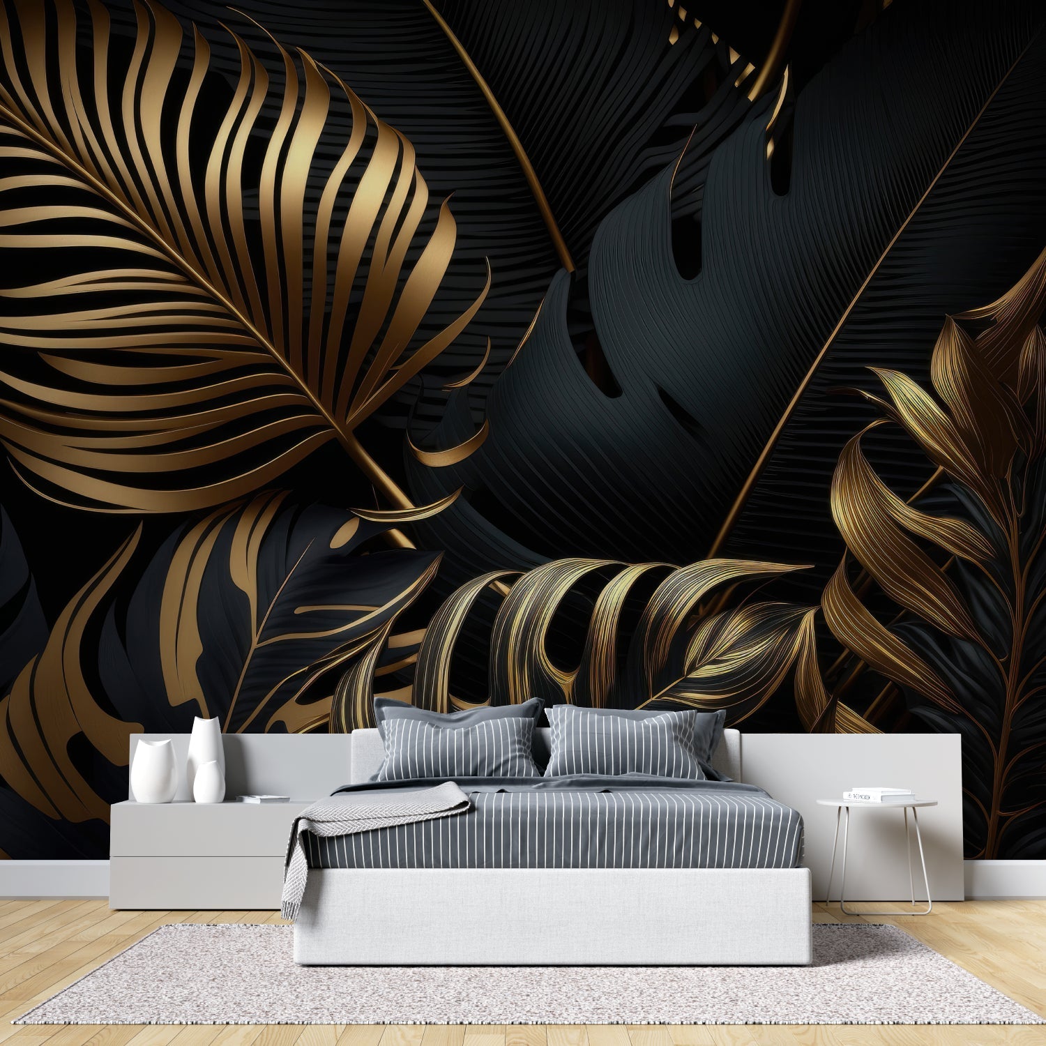 Black and gold palm leaf mural in luxury dining room setting