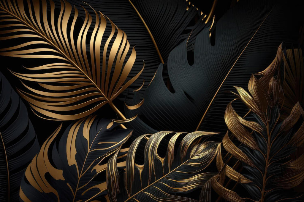 Design file of black background with detailed gold tropical palm and monstera leaves pattern