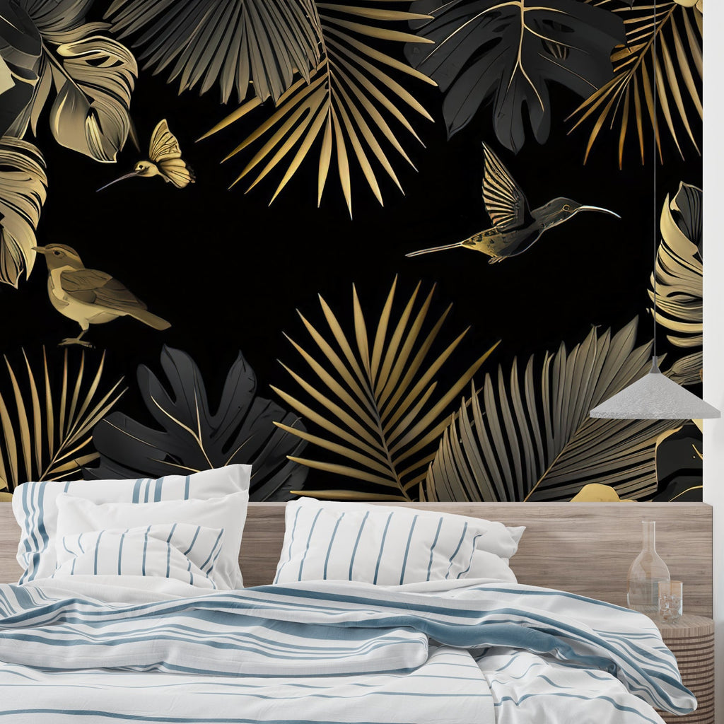 Gold hummingbird wallpaper adding sophistication to master bedroom
