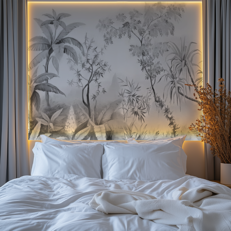 Monochrome jungle mural in minimalist bedroom with natural light