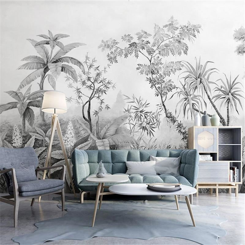 Black and white tropical leaves pattern in modern restaurant interior