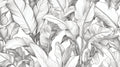 Black and white tropical leaf wallpaper creating drama in a modern living room with high ceilings