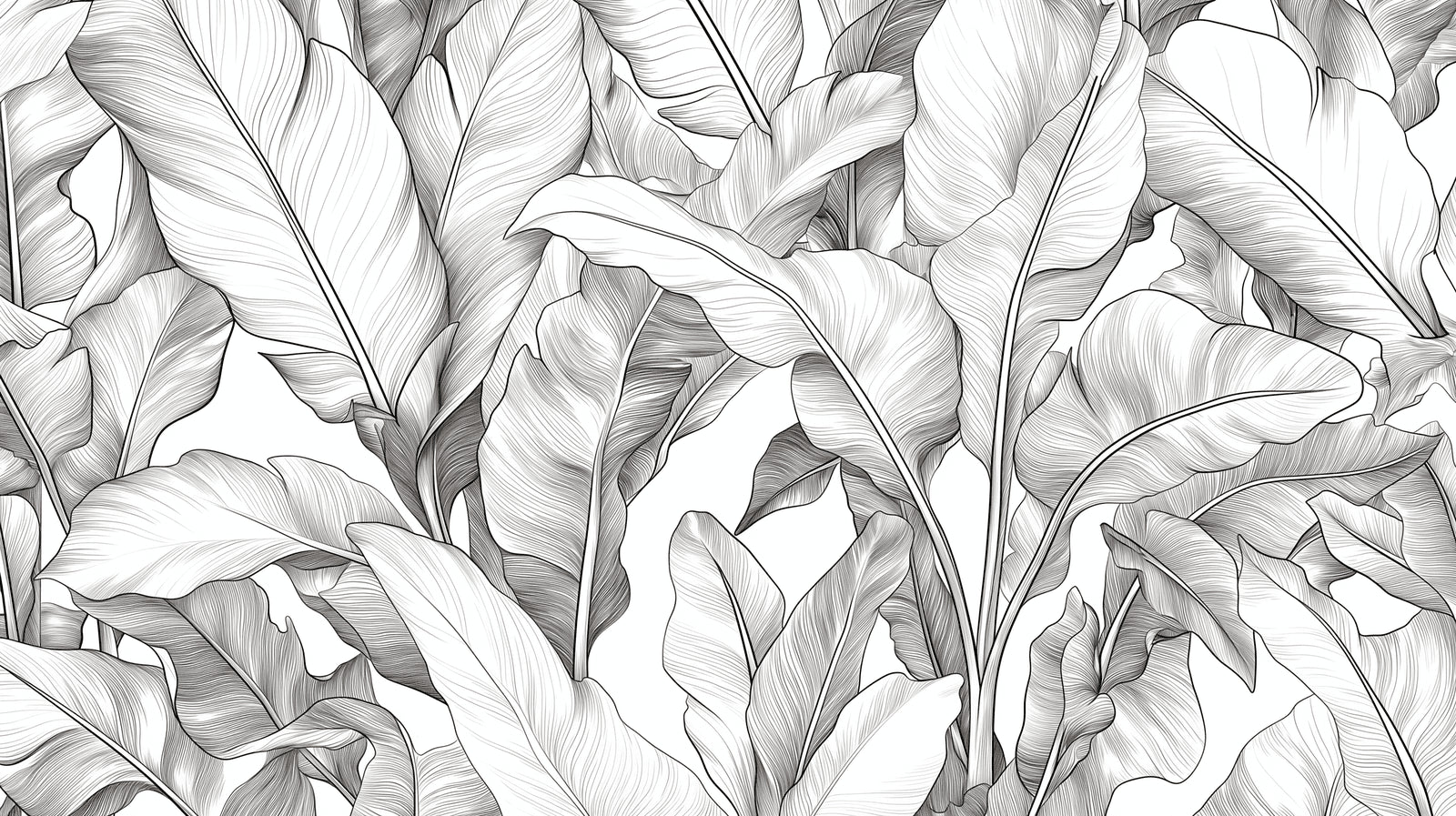 Black and white tropical leaf wallpaper creating drama in a modern living room with high ceilings