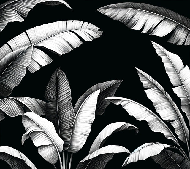 Black and white banana leaf wallpaper design file showing detailed botanical pattern