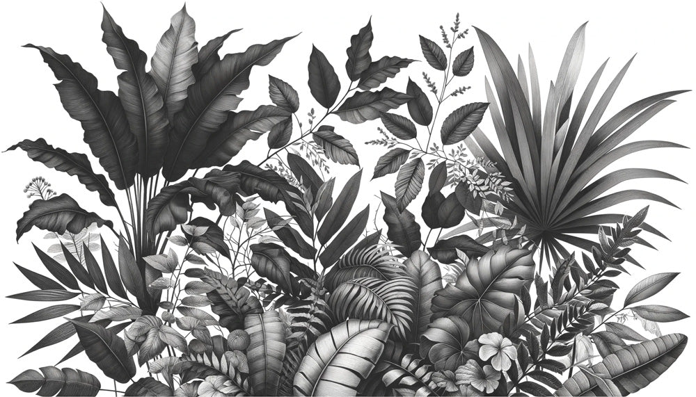 Black and white tropical leaf wallpaper creating a stunning feature wall in a modern living room with minimalist furniture