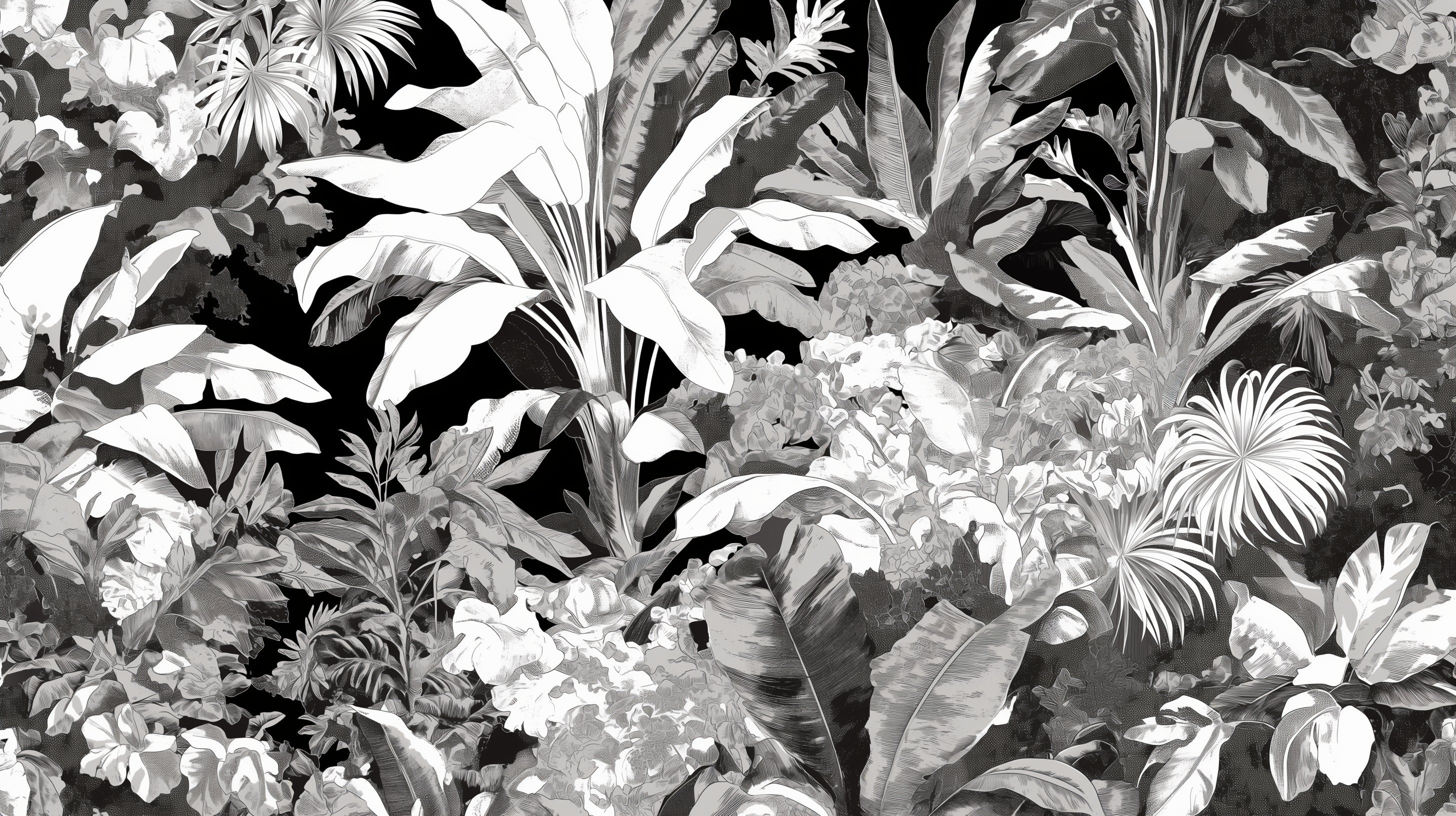 Black and white tropical botanical wallpaper creating drama in a modern living room with high ceilings and minimal furniture