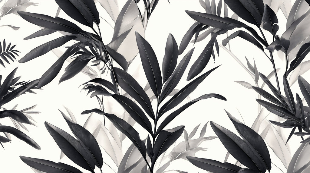 Monochrome botanical wallpaper making a bold statement in a minimalist dining space