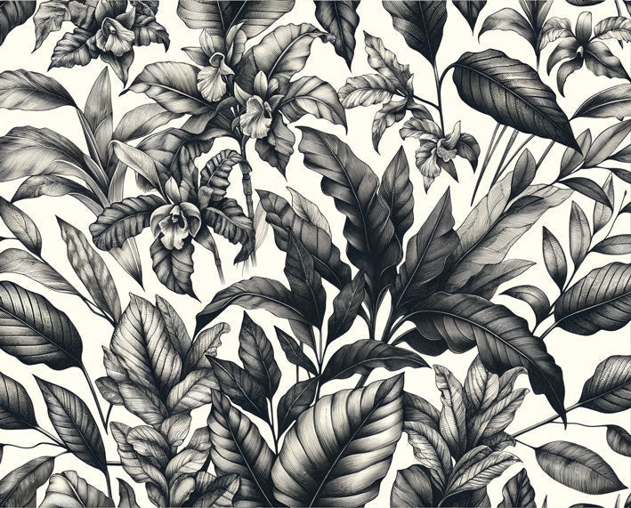 Tropical botanical sketch wallpaper design file showing detailed black and white leaf pattern