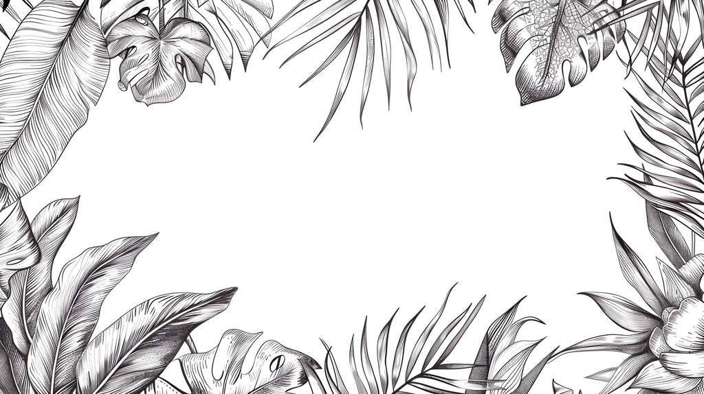 Design file showing detailed black and white tropical leaf pattern with monstera and palm fronds