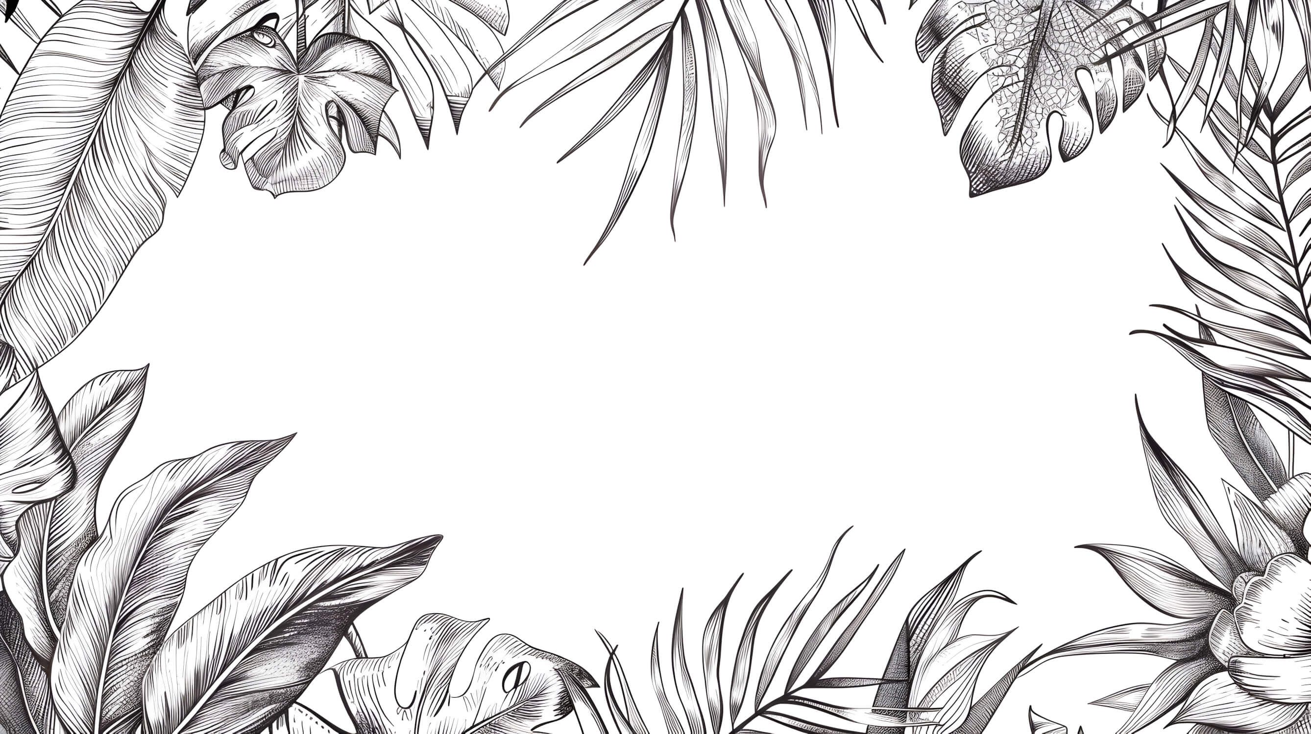 Design file showing detailed black and white tropical leaf pattern with monstera and palm fronds