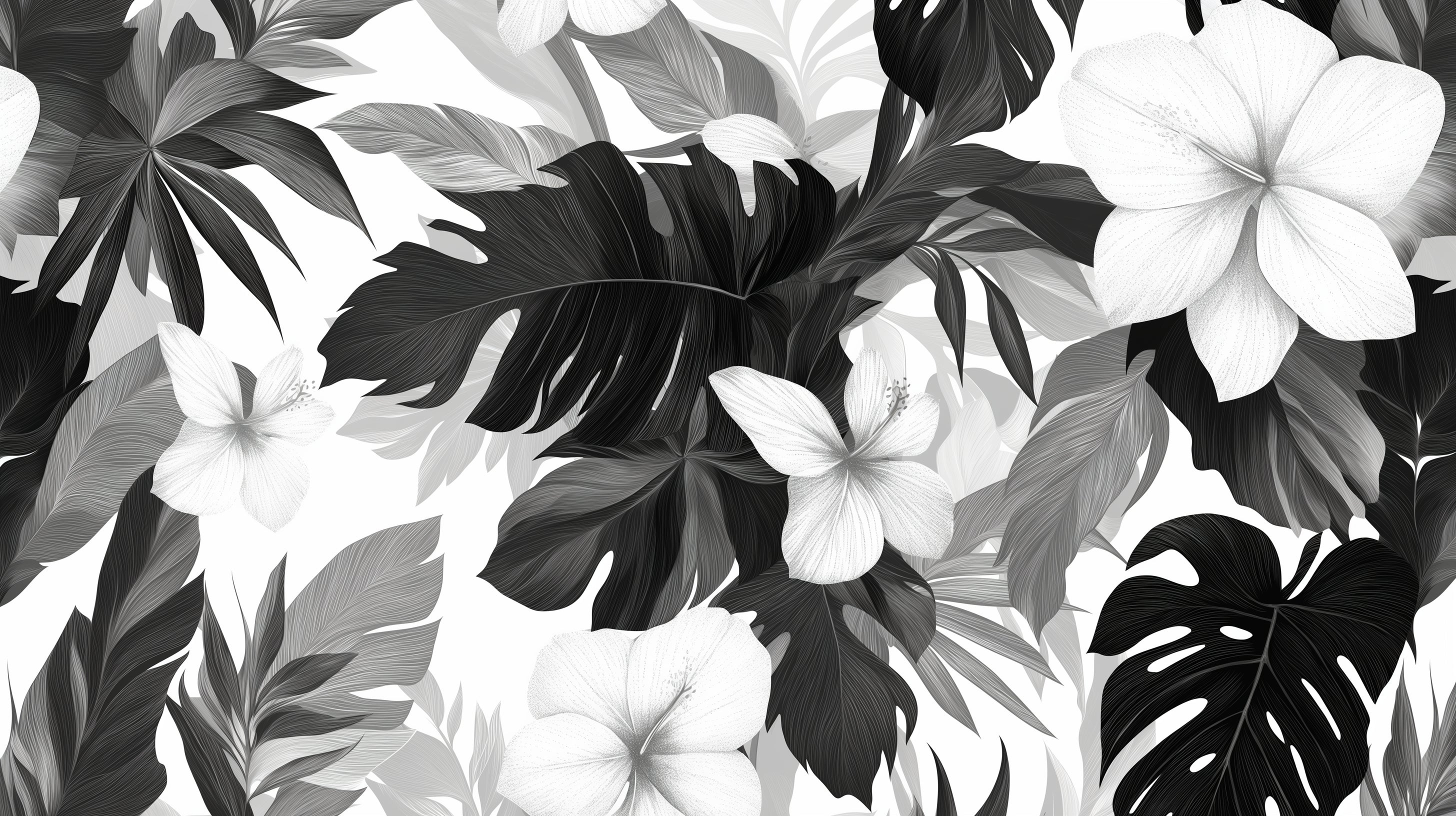 Black and white Monstera leaf wallpaper design file showing detailed botanical pattern