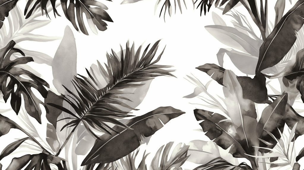 Monochrome tropical leaf pattern design file showing detailed Monstera leaves in watercolor style