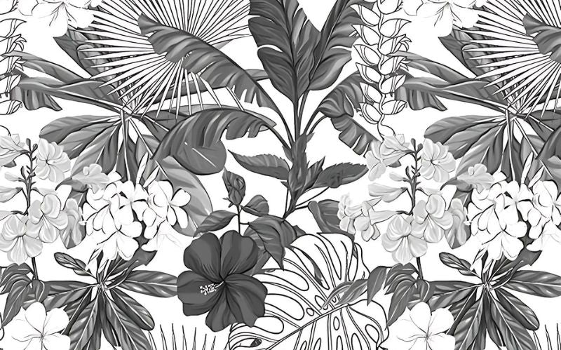 Black and white Monstera leaf wallpaper design file showing detailed botanical pattern