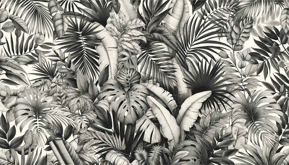 Monstera leaf wallpaper design file showing detailed black and white botanical pattern