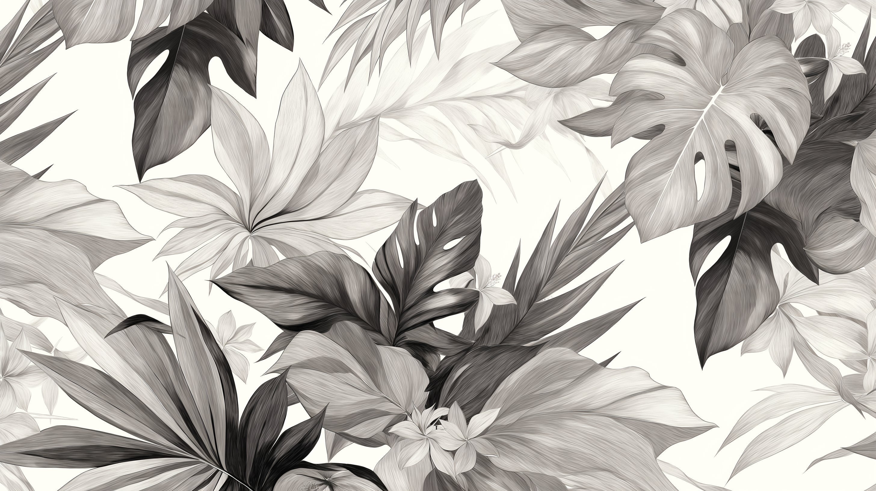 Black and white Monstera leaf wallpaper mural in a modern dining room, creating a bold botanical statement wall