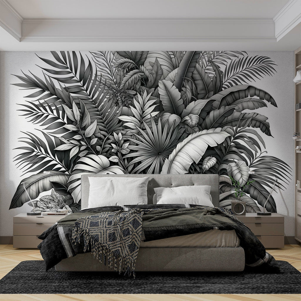 Tropical Monstera leaf wallpaper in modern minimalist living room, black and white design creating dramatic focal point