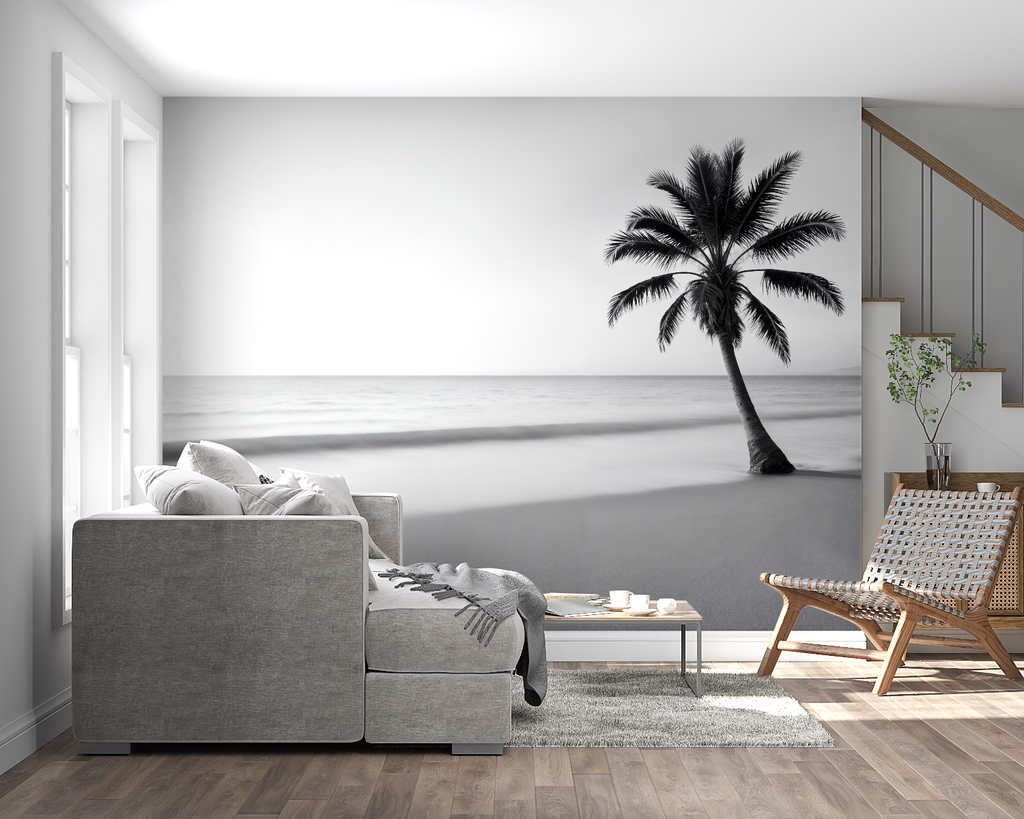 Monochrome tropical wall mural brightening up a home office setting