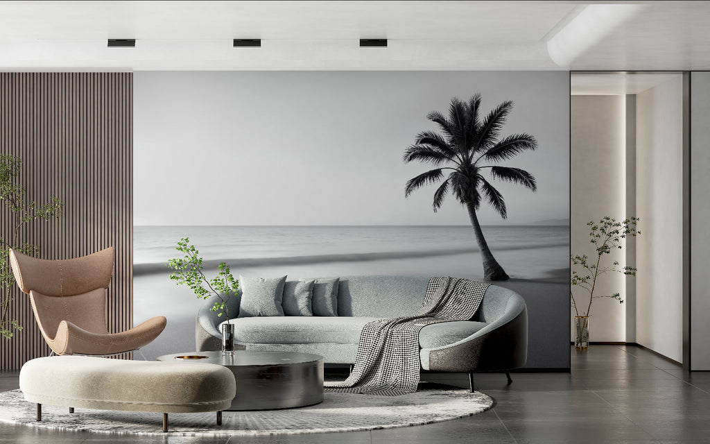 Black and white beach scene wallpaper making a statement in dining room