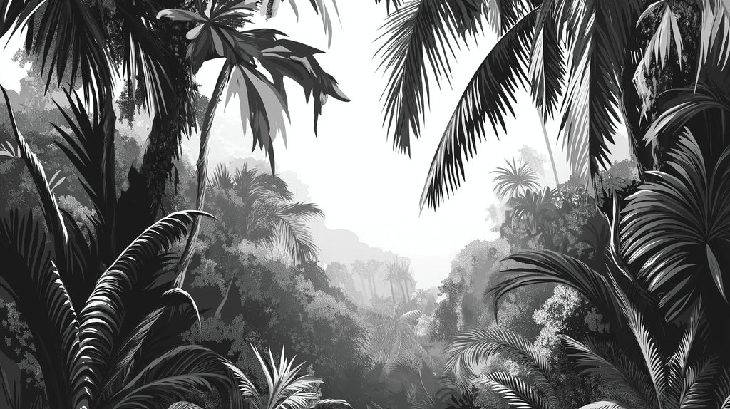 Black and white palm forest wallpaper design file showing intricate leaf details