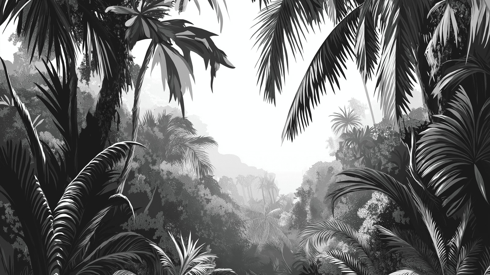 Black and white palm forest wallpaper design file showing intricate leaf details