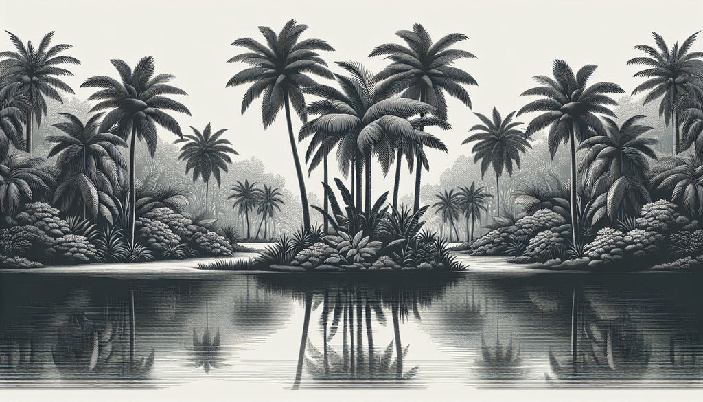 Black and white palm lagoon design file showing detailed tropical pattern with reflective water effect