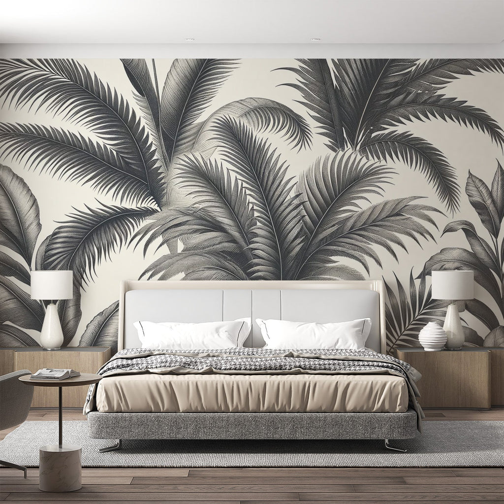 Black and white tropical palm leaf wallpaper creating a stunning focal point in a modern minimalist living room