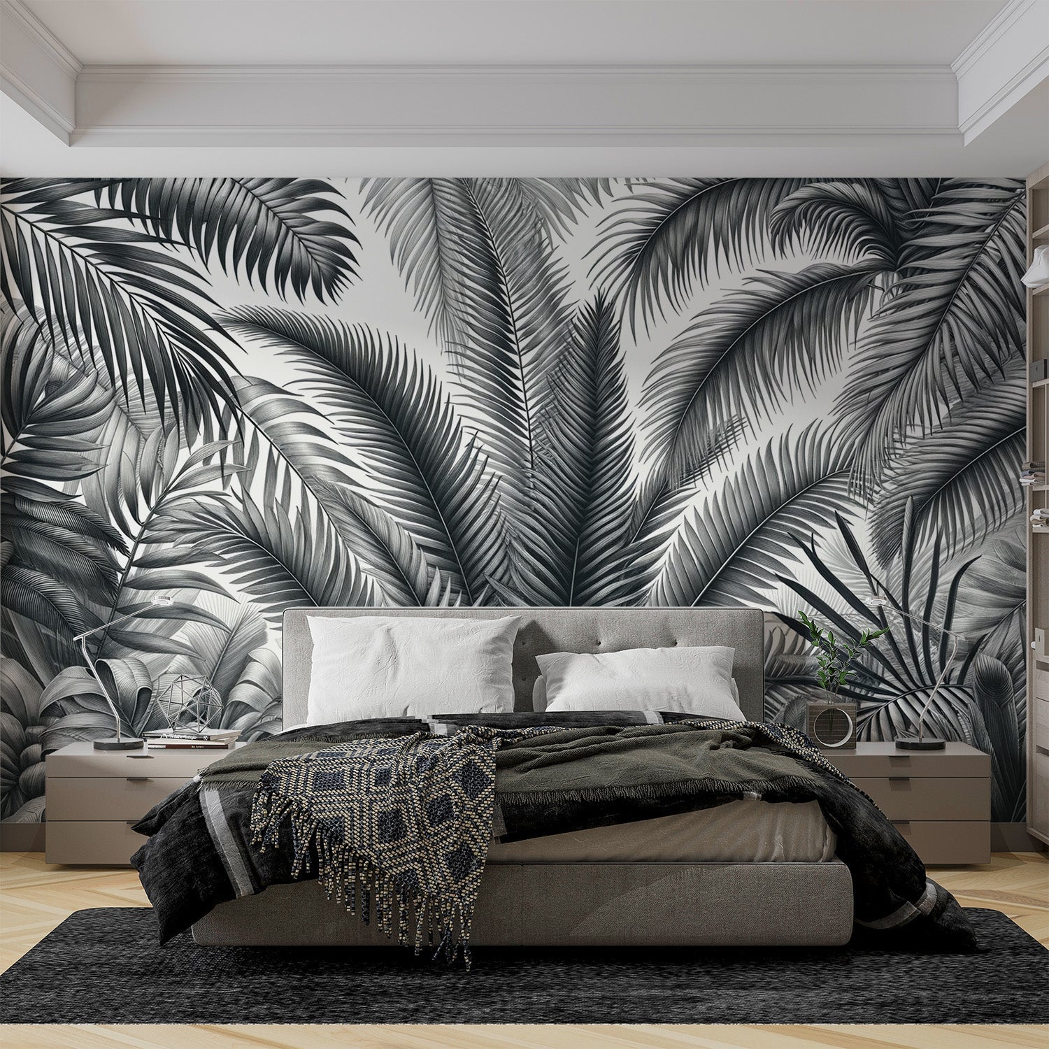 Black and white palm leaves wallpaper creating a modern statement wall in a bright living room setting
