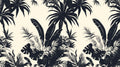 Black and white tropical palm leaf wallpaper creating dramatic impact in a modern living room with minimalist furniture