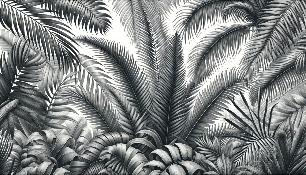 Black and white tropical palm leaves design file showing detailed leaf pattern and texture