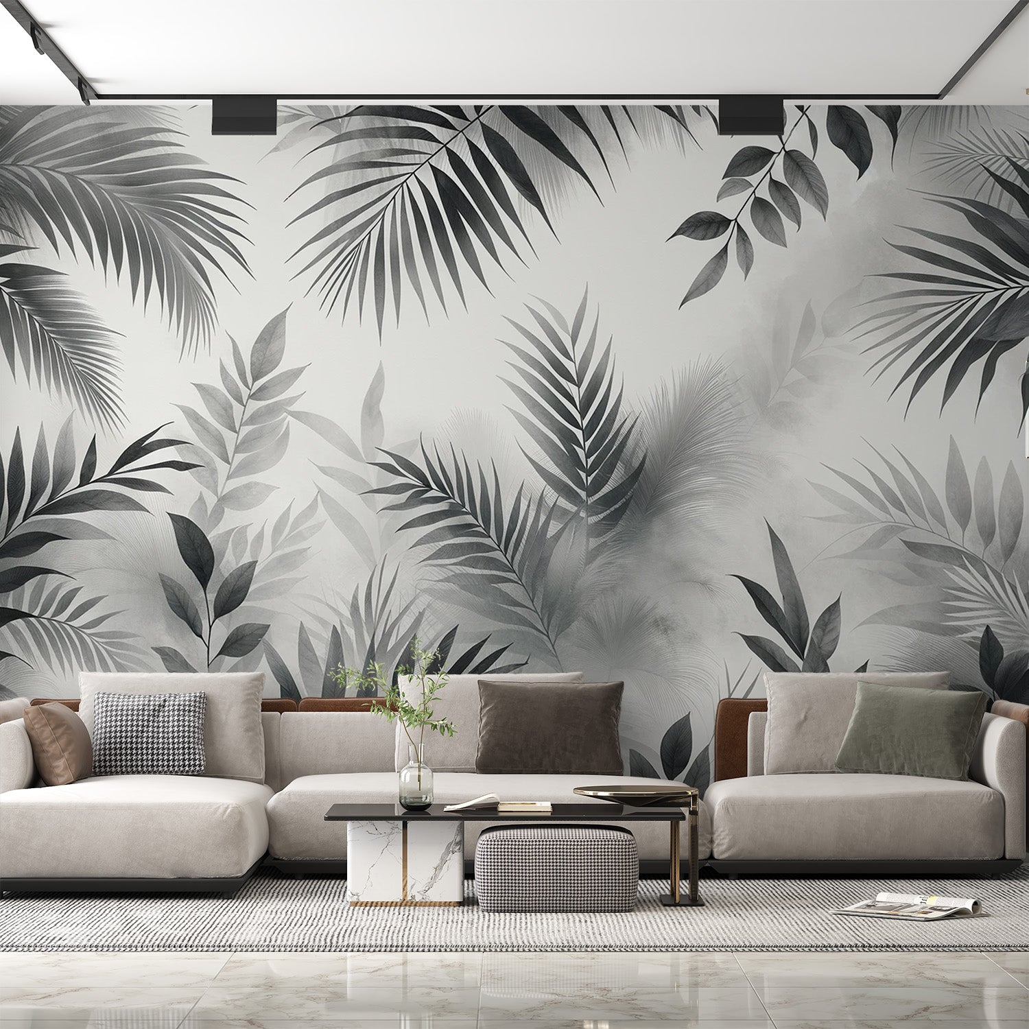 Black and white tropical leaf wallpaper creating a modern statement wall in a bright living room with minimal furniture