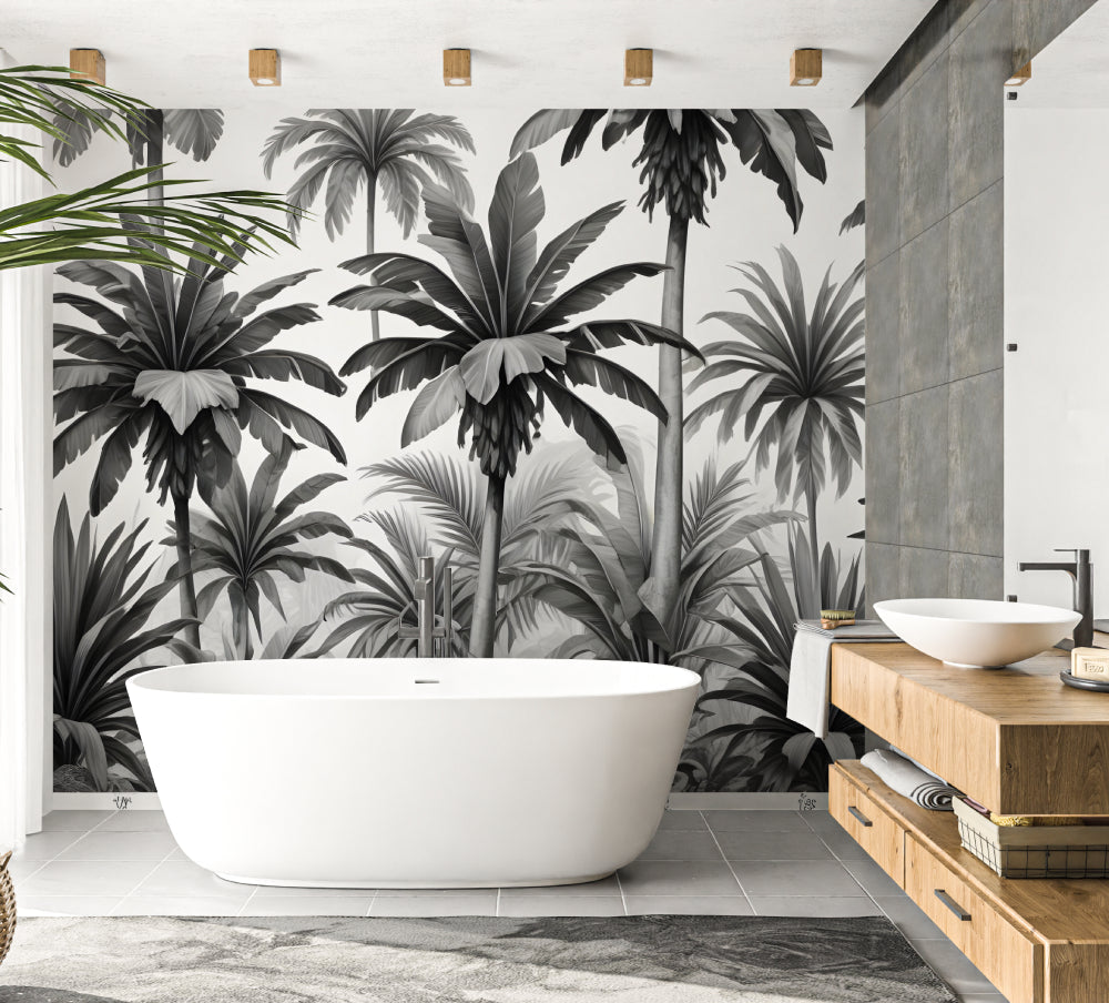 Black and white tropical palm leaf wallpaper in modern living room setting with minimalist furniture