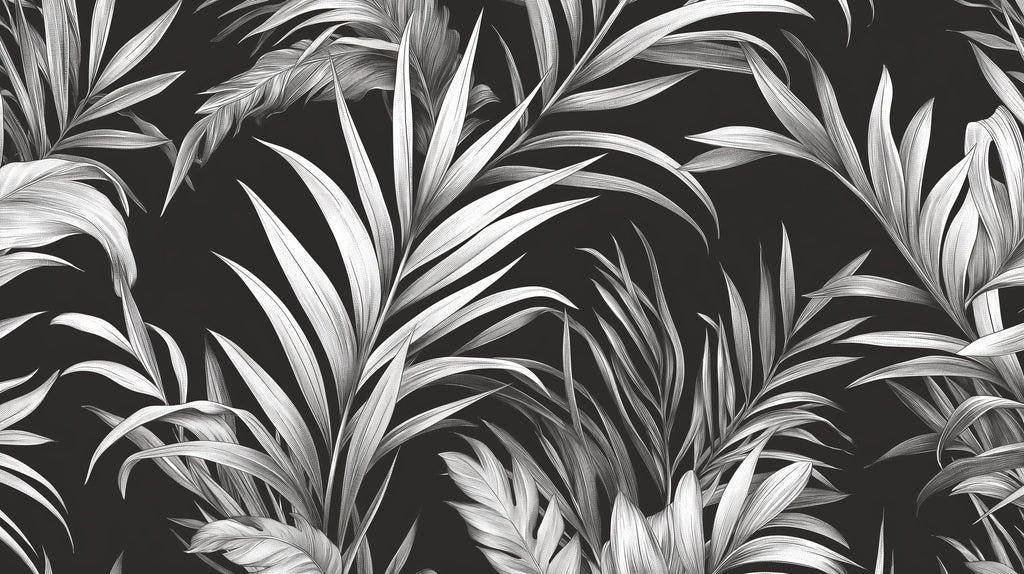 Black and white palm leaves wallpaper design file showing detailed botanical pattern