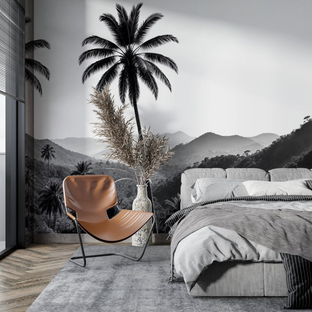 Tropical landscape wallpaper making statement in contemporary home office