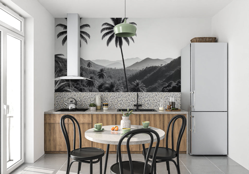 Sophisticated palm tree wallpaper enhancing boutique hotel lobby