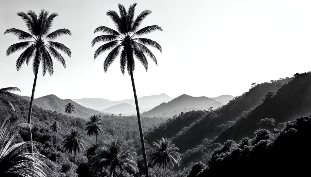 Design file of black and white tropical landscape with palm trees and mountains