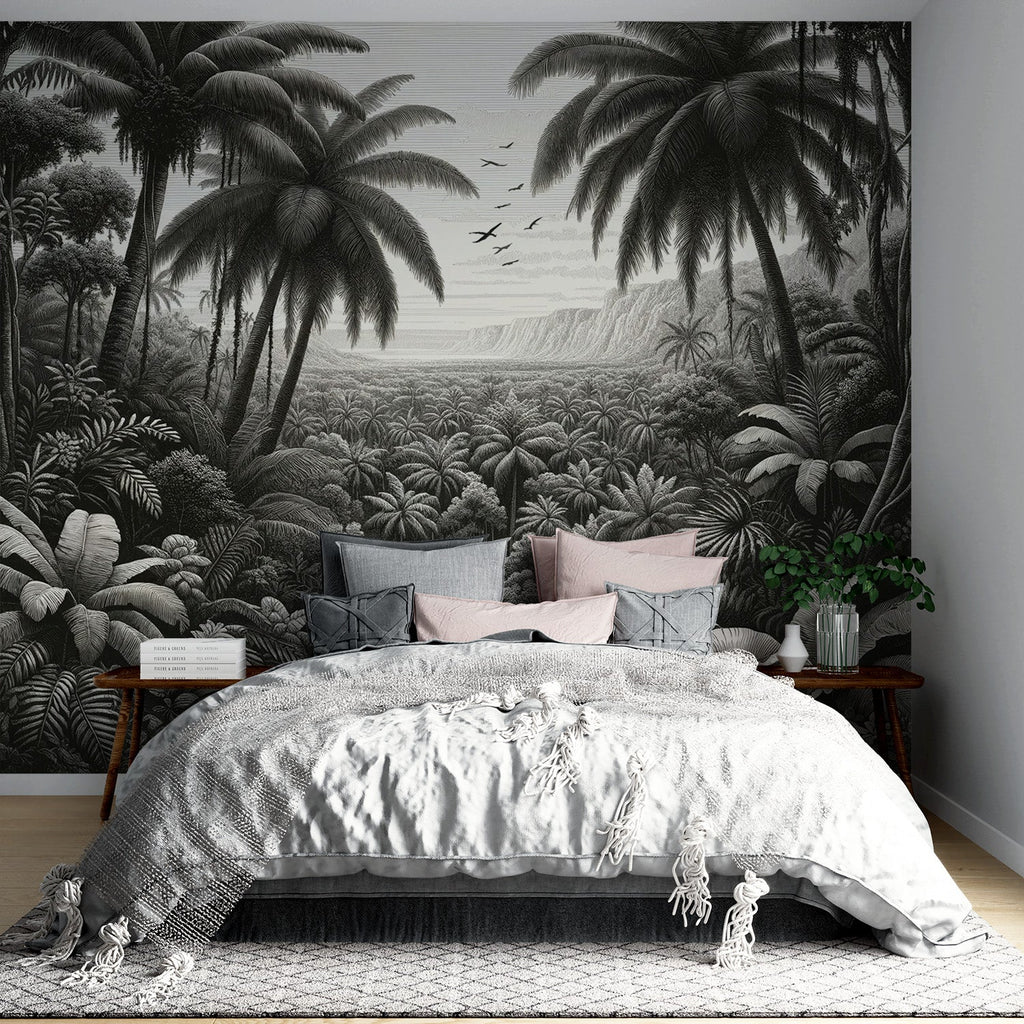 Black and white tropical palm wallpaper creating a dramatic statement wall in a modern living room with minimalist furniture