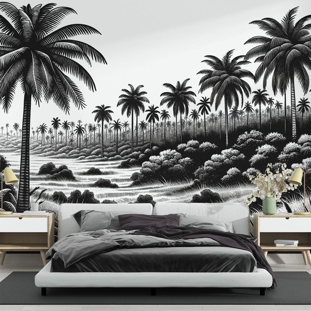 Black and white tropical palm tree wallpaper creating a stunning focal point in a modern minimalist living room